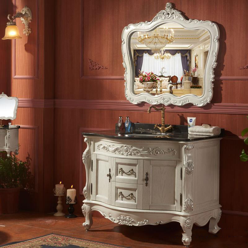 Drawers Vanity Set Wood Frame Oval Single Sink Mirror Freestanding Vanity with 2 Doors Clearhalo 'Bathroom Remodel & Bathroom Fixtures' 'Bathroom Vanities' 'bathroom_vanities' 'Home Improvement' 'home_improvement' 'home_improvement_bathroom_vanities' 6926949