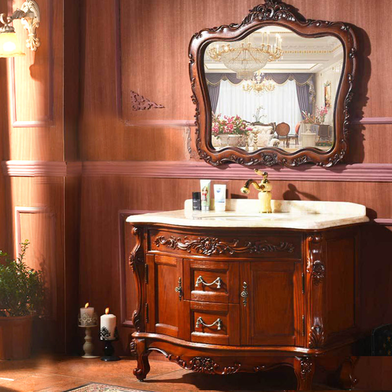 Drawers Vanity Set Wood Frame Oval Single Sink Mirror Freestanding Vanity with 2 Doors Vanity & Faucet & Mirrors Brown Clearhalo 'Bathroom Remodel & Bathroom Fixtures' 'Bathroom Vanities' 'bathroom_vanities' 'Home Improvement' 'home_improvement' 'home_improvement_bathroom_vanities' 6926950