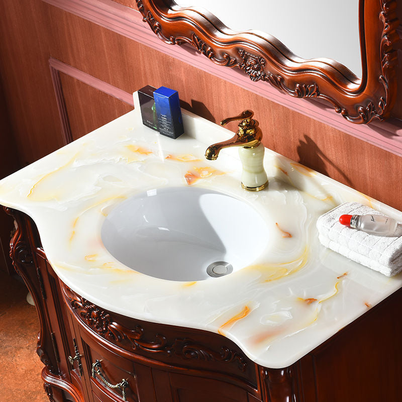 Drawers Vanity Set Wood Frame Oval Single Sink Mirror Freestanding Vanity with 2 Doors Clearhalo 'Bathroom Remodel & Bathroom Fixtures' 'Bathroom Vanities' 'bathroom_vanities' 'Home Improvement' 'home_improvement' 'home_improvement_bathroom_vanities' 6926951