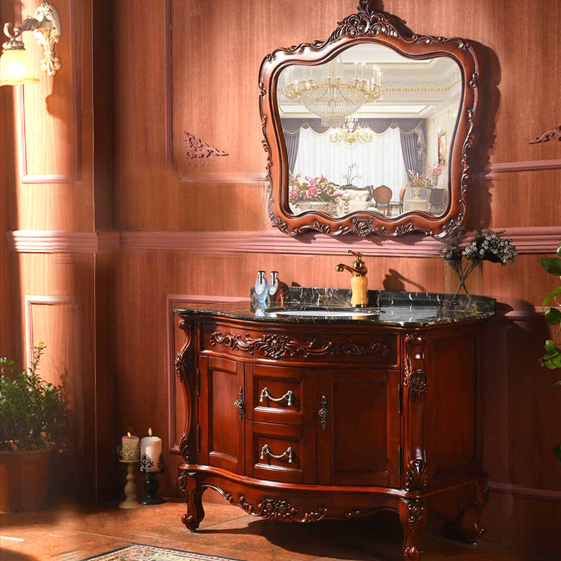 Drawers Vanity Set Wood Frame Oval Single Sink Mirror Freestanding Vanity with 2 Doors Vanity & Faucet & Mirrors Reddish Brown Clearhalo 'Bathroom Remodel & Bathroom Fixtures' 'Bathroom Vanities' 'bathroom_vanities' 'Home Improvement' 'home_improvement' 'home_improvement_bathroom_vanities' 6926952