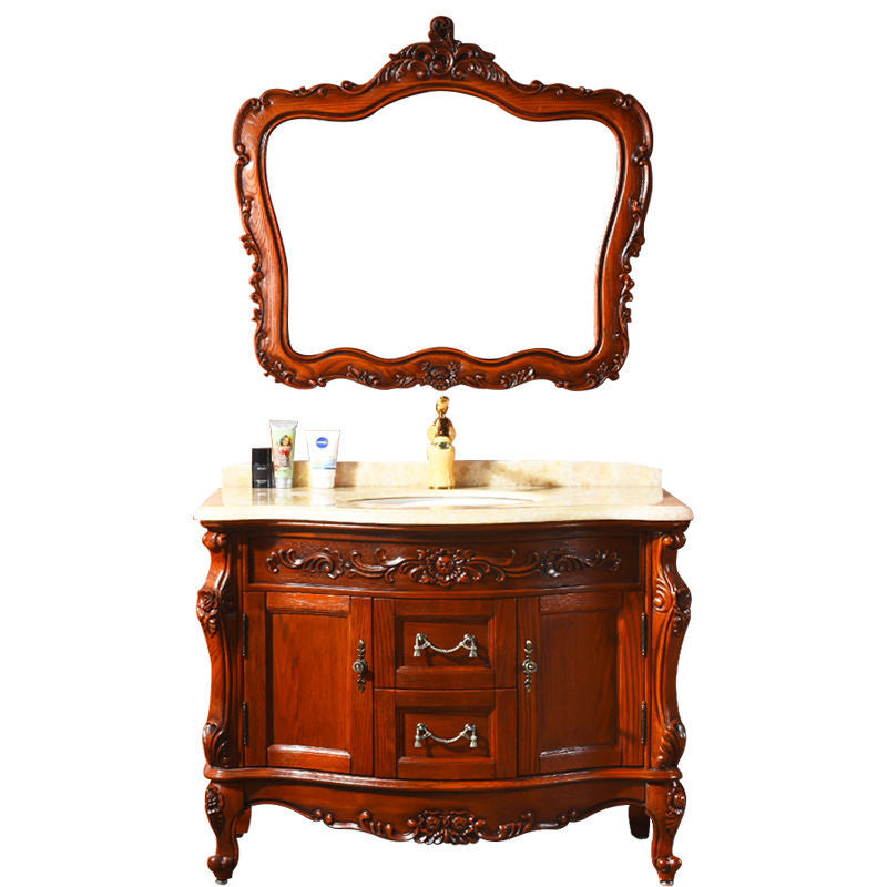 Drawers Vanity Set Wood Frame Oval Single Sink Mirror Freestanding Vanity with 2 Doors Clearhalo 'Bathroom Remodel & Bathroom Fixtures' 'Bathroom Vanities' 'bathroom_vanities' 'Home Improvement' 'home_improvement' 'home_improvement_bathroom_vanities' 6926954