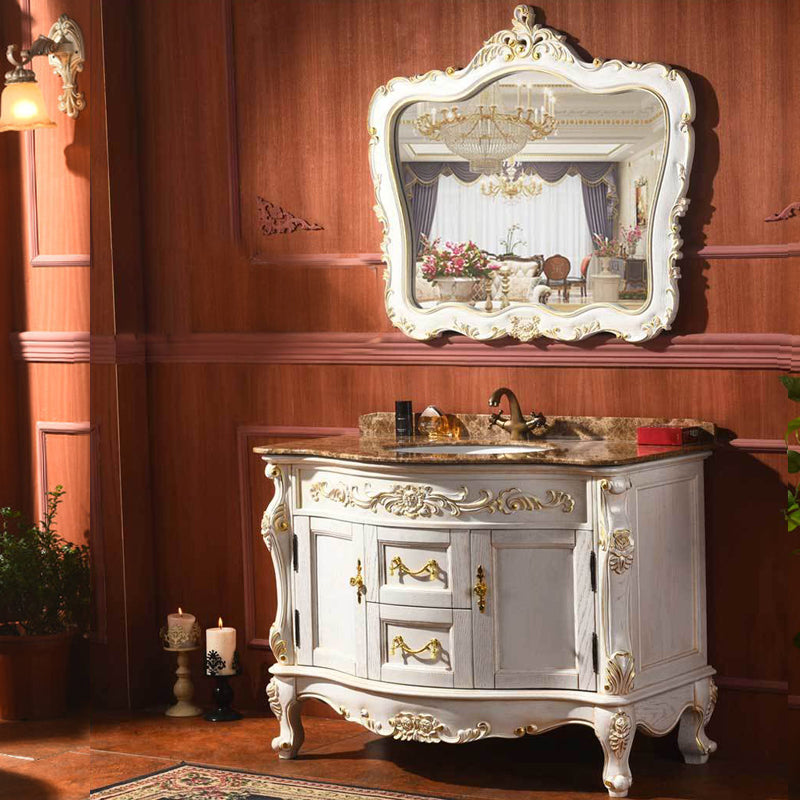 Drawers Vanity Set Wood Frame Oval Single Sink Mirror Freestanding Vanity with 2 Doors Vanity & Faucet & Mirrors White Gold Clearhalo 'Bathroom Remodel & Bathroom Fixtures' 'Bathroom Vanities' 'bathroom_vanities' 'Home Improvement' 'home_improvement' 'home_improvement_bathroom_vanities' 6926955