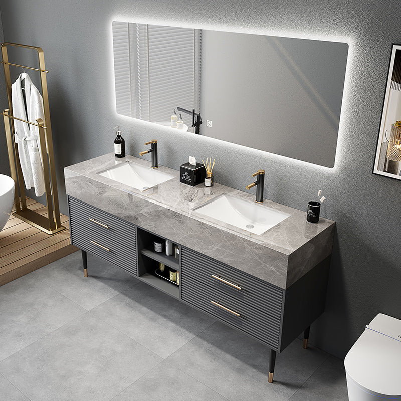 Single Sink Vanity Set Stone Top Mirror Freestanding Drawers Grey Bathroom Vanity Clearhalo 'Bathroom Remodel & Bathroom Fixtures' 'Bathroom Vanities' 'bathroom_vanities' 'Home Improvement' 'home_improvement' 'home_improvement_bathroom_vanities' 6926964