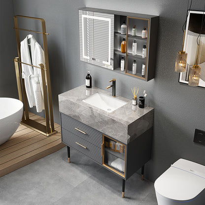 Single Sink Vanity Set Stone Top Mirror Freestanding Drawers Grey Bathroom Vanity Vanity & Faucet & Mirror Cabinet 31.5"L x 20"W x 33"H Clearhalo 'Bathroom Remodel & Bathroom Fixtures' 'Bathroom Vanities' 'bathroom_vanities' 'Home Improvement' 'home_improvement' 'home_improvement_bathroom_vanities' 6926965