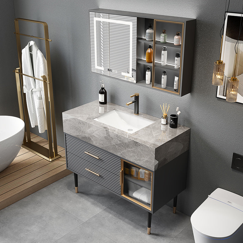 Single Sink Vanity Set Stone Top Mirror Freestanding Drawers Grey Bathroom Vanity Vanity & Faucet & Mirror Cabinet Clearhalo 'Bathroom Remodel & Bathroom Fixtures' 'Bathroom Vanities' 'bathroom_vanities' 'Home Improvement' 'home_improvement' 'home_improvement_bathroom_vanities' 6926966