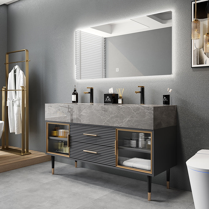 Single Sink Vanity Set Stone Top Mirror Freestanding Drawers Grey Bathroom Vanity Clearhalo 'Bathroom Remodel & Bathroom Fixtures' 'Bathroom Vanities' 'bathroom_vanities' 'Home Improvement' 'home_improvement' 'home_improvement_bathroom_vanities' 6926967