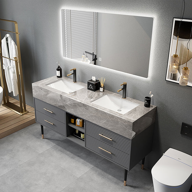 Single Sink Vanity Set Stone Top Mirror Freestanding Drawers Grey Bathroom Vanity Vanity & Faucet & Mirrors Clearhalo 'Bathroom Remodel & Bathroom Fixtures' 'Bathroom Vanities' 'bathroom_vanities' 'Home Improvement' 'home_improvement' 'home_improvement_bathroom_vanities' 6926972