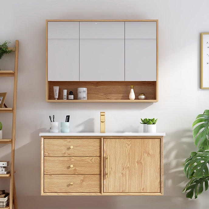 Wood Freestanding Vanity Set Drawers Rectangle Single Sink Bathroom Vanity with Mirror Vanity & Faucet & Mirror Cabinet Clearhalo 'Bathroom Remodel & Bathroom Fixtures' 'Bathroom Vanities' 'bathroom_vanities' 'Home Improvement' 'home_improvement' 'home_improvement_bathroom_vanities' 6926994