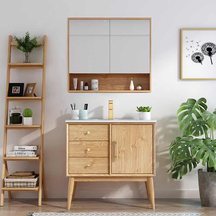 Wood Freestanding Vanity Set Drawers Rectangle Single Sink Bathroom Vanity with Mirror Vanity & Faucet & Mirror Cabinet 32"L x 19"W x 31"H Clearhalo 'Bathroom Remodel & Bathroom Fixtures' 'Bathroom Vanities' 'bathroom_vanities' 'Home Improvement' 'home_improvement' 'home_improvement_bathroom_vanities' 6926999