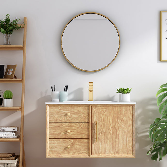 Wood Freestanding Vanity Set Drawers Rectangle Single Sink Bathroom Vanity with Mirror Vanity & Faucet & Mirrors 32"L x 19"W x 19"H Clearhalo 'Bathroom Remodel & Bathroom Fixtures' 'Bathroom Vanities' 'bathroom_vanities' 'Home Improvement' 'home_improvement' 'home_improvement_bathroom_vanities' 6927004