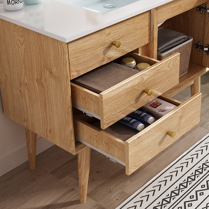 Wood Freestanding Vanity Set Drawers Rectangle Single Sink Bathroom Vanity with Mirror Clearhalo 'Bathroom Remodel & Bathroom Fixtures' 'Bathroom Vanities' 'bathroom_vanities' 'Home Improvement' 'home_improvement' 'home_improvement_bathroom_vanities' 6927007