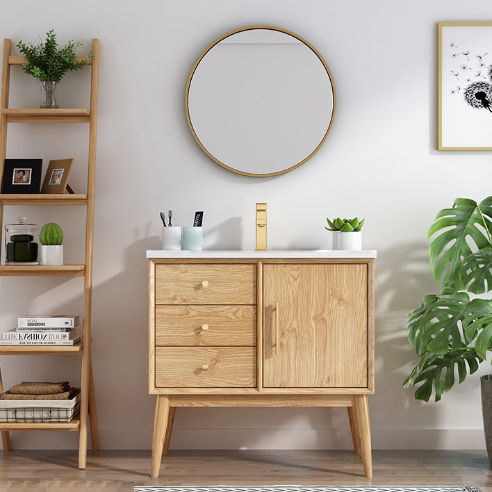 Wood Freestanding Vanity Set Drawers Rectangle Single Sink Bathroom Vanity with Mirror Vanity & Faucet & Mirrors 32"L x 19"W x 31"H Clearhalo 'Bathroom Remodel & Bathroom Fixtures' 'Bathroom Vanities' 'bathroom_vanities' 'Home Improvement' 'home_improvement' 'home_improvement_bathroom_vanities' 6927010