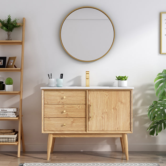 Wood Freestanding Vanity Set Drawers Rectangle Single Sink Bathroom Vanity with Mirror Vanity & Faucet & Mirrors Clearhalo 'Bathroom Remodel & Bathroom Fixtures' 'Bathroom Vanities' 'bathroom_vanities' 'Home Improvement' 'home_improvement' 'home_improvement_bathroom_vanities' 6927011