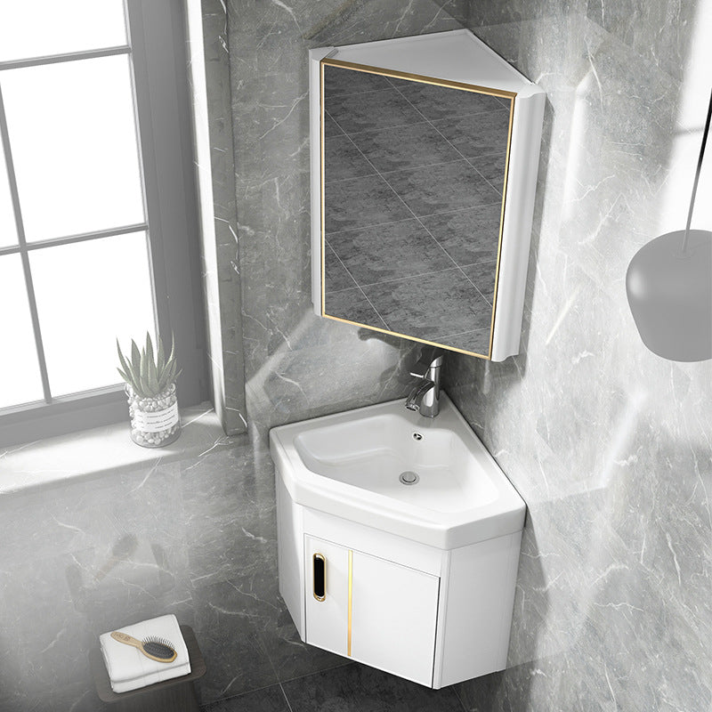 Wall Mounted Corner Vanity Triangular Single Sink Mirror Metal Frame Bath Vanity with Door Clearhalo 'Bathroom Remodel & Bathroom Fixtures' 'Bathroom Vanities' 'bathroom_vanities' 'Home Improvement' 'home_improvement' 'home_improvement_bathroom_vanities' 6927092