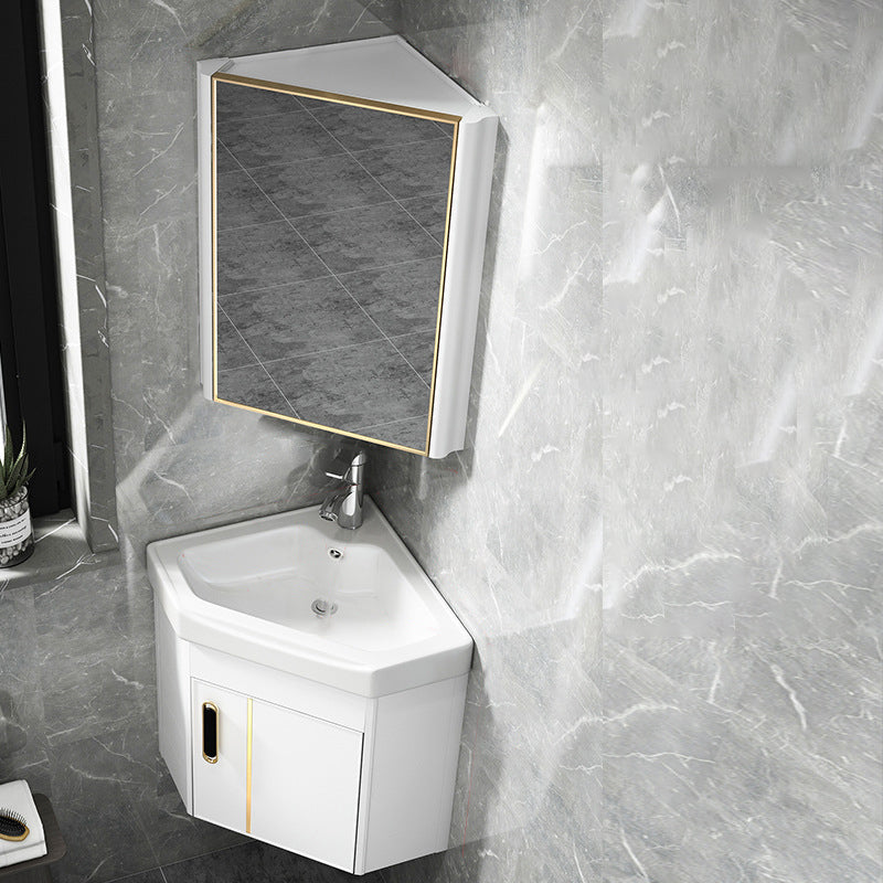 Wall Mounted Corner Vanity Triangular Single Sink Mirror Metal Frame Bath Vanity with Door Vanity & Faucet & Mirror Cabinet White Clearhalo 'Bathroom Remodel & Bathroom Fixtures' 'Bathroom Vanities' 'bathroom_vanities' 'Home Improvement' 'home_improvement' 'home_improvement_bathroom_vanities' 6927093