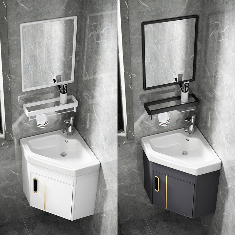 Wall Mounted Corner Vanity Triangular Single Sink Mirror Metal Frame Bath Vanity with Door Clearhalo 'Bathroom Remodel & Bathroom Fixtures' 'Bathroom Vanities' 'bathroom_vanities' 'Home Improvement' 'home_improvement' 'home_improvement_bathroom_vanities' 6927094