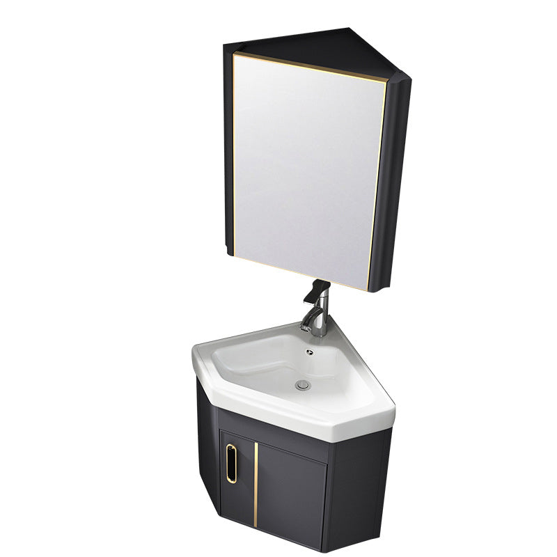 Wall Mounted Corner Vanity Triangular Single Sink Mirror Metal Frame Bath Vanity with Door Clearhalo 'Bathroom Remodel & Bathroom Fixtures' 'Bathroom Vanities' 'bathroom_vanities' 'Home Improvement' 'home_improvement' 'home_improvement_bathroom_vanities' 6927097