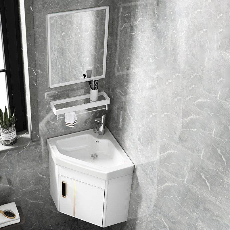 Wall Mounted Corner Vanity Triangular Single Sink Mirror Metal Frame ...