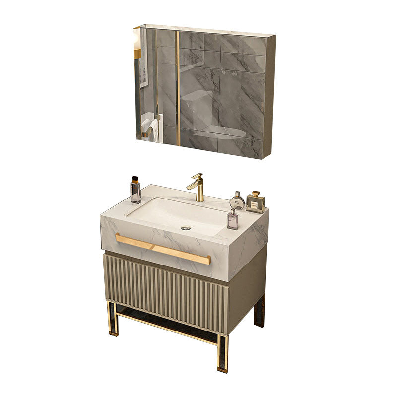 Glam Vanity Set Drawers Single Sink Freestanding Rectangle Bathroom Vanity with Mirror Vanity & Faucet & Mirror Cabinet 28"L x 20"W x 32"H Clearhalo 'Bathroom Remodel & Bathroom Fixtures' 'Bathroom Vanities' 'bathroom_vanities' 'Home Improvement' 'home_improvement' 'home_improvement_bathroom_vanities' 6927178