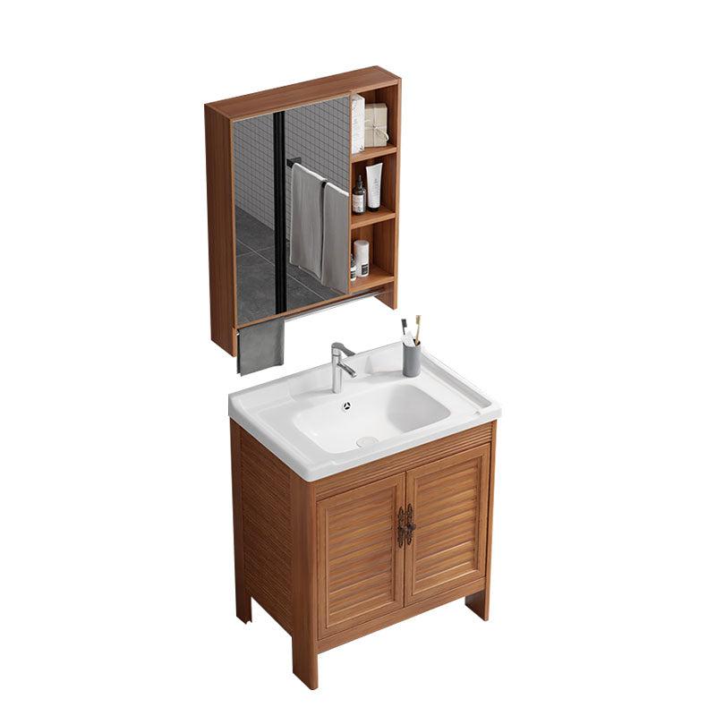 Rectangle Vanity Set Metal Frame Mirror Freestanding 2 Doors Single Sink Bath Vanity Vanity & Faucet & Mirror Cabinet 28"L x 19"W x 31"H 2 Clearhalo 'Bathroom Remodel & Bathroom Fixtures' 'Bathroom Vanities' 'bathroom_vanities' 'Home Improvement' 'home_improvement' 'home_improvement_bathroom_vanities' 6927244