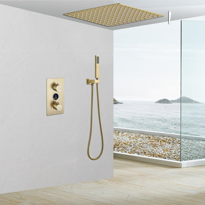Copper Shower Set Rain Shower Head Square Ceiling-Mounted Shower System with Handshower Gold 2 Clearhalo 'Bathroom Remodel & Bathroom Fixtures' 'Home Improvement' 'home_improvement' 'home_improvement_shower_faucets' 'Shower Faucets & Systems' 'shower_faucets' 'Showers & Bathtubs Plumbing' 'Showers & Bathtubs' 6927399