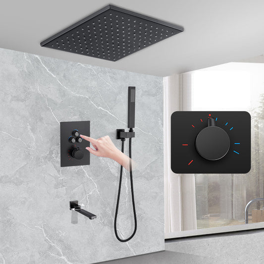 Matte Black Rain Shower System with Hand Shower Square Shower Set Clearhalo 'Bathroom Remodel & Bathroom Fixtures' 'Home Improvement' 'home_improvement' 'home_improvement_shower_faucets' 'Shower Faucets & Systems' 'shower_faucets' 'Showers & Bathtubs Plumbing' 'Showers & Bathtubs' 6927401