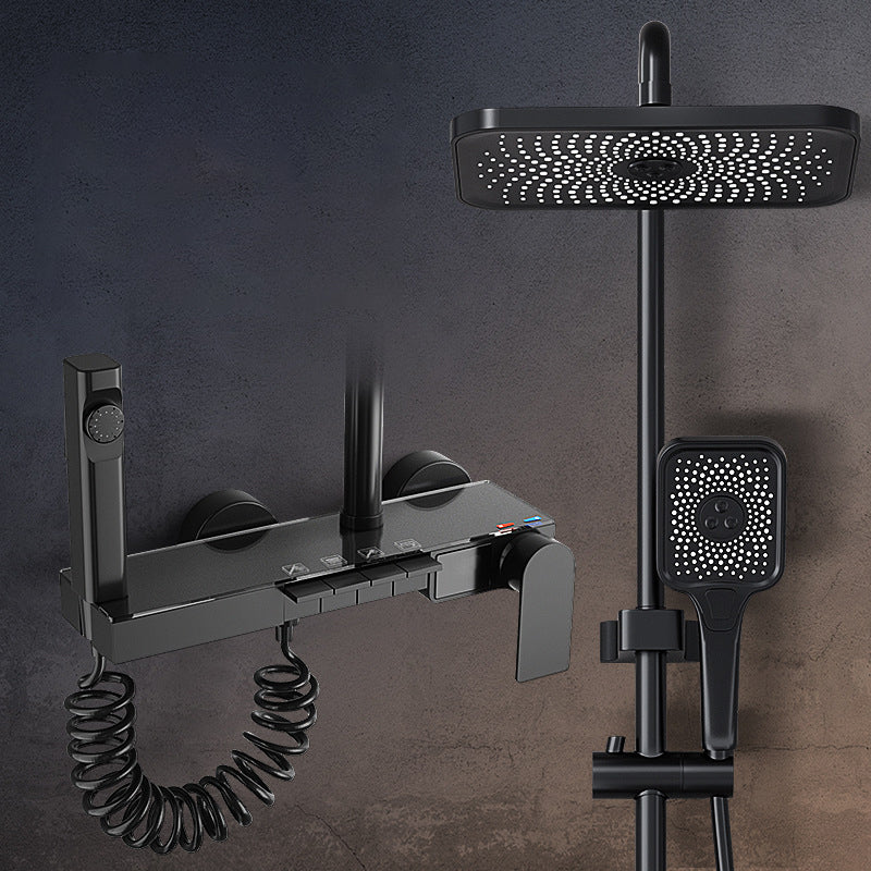 Modern Shower System Copper Wall-Mounted Swivel Square Rain Shower Head Shower Set Black Temperature Control Clearhalo 'Bathroom Remodel & Bathroom Fixtures' 'Home Improvement' 'home_improvement' 'home_improvement_shower_faucets' 'Shower Faucets & Systems' 'shower_faucets' 'Showers & Bathtubs Plumbing' 'Showers & Bathtubs' 6927434