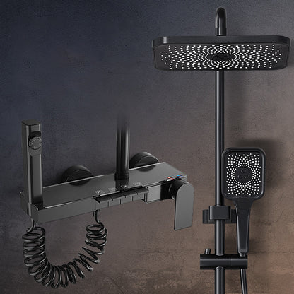 Modern Shower System Copper Wall-Mounted Swivel Square Rain Shower Head Shower Set Black Temperature Control Clearhalo 'Bathroom Remodel & Bathroom Fixtures' 'Home Improvement' 'home_improvement' 'home_improvement_shower_faucets' 'Shower Faucets & Systems' 'shower_faucets' 'Showers & Bathtubs Plumbing' 'Showers & Bathtubs' 6927434