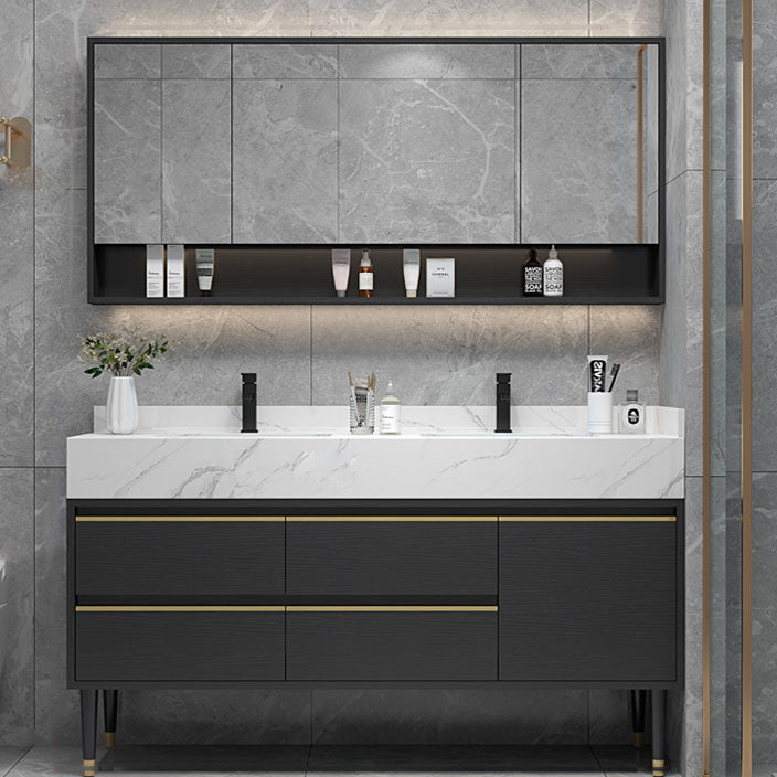 Glam Bath Vanity Wood Frame Freestanding Soft Close Drawers Rectangle Mirror Vanity Clearhalo 'Bathroom Remodel & Bathroom Fixtures' 'Bathroom Vanities' 'bathroom_vanities' 'Home Improvement' 'home_improvement' 'home_improvement_bathroom_vanities' 6927468