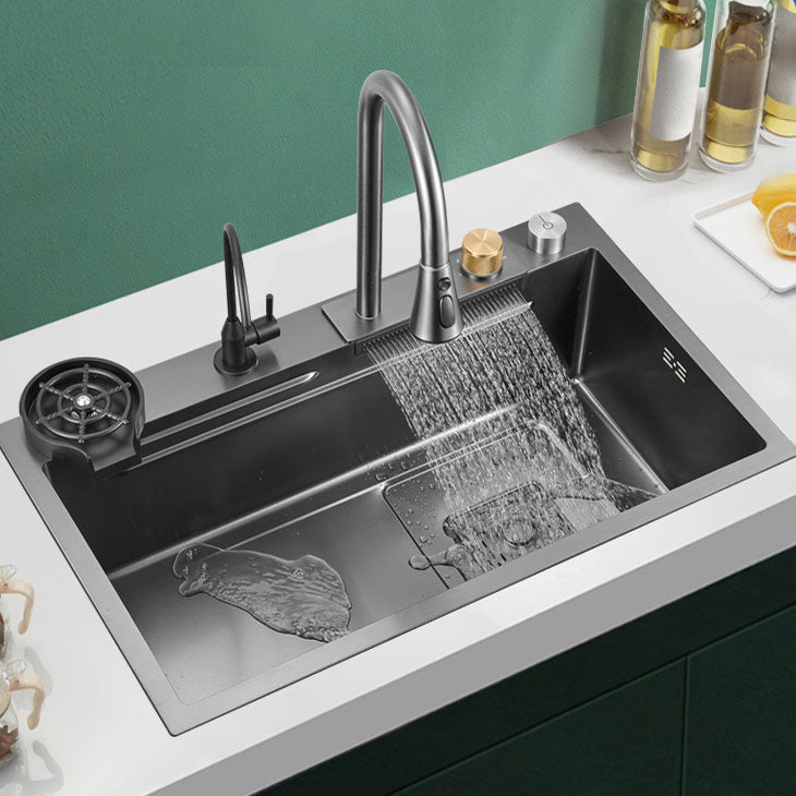 Modern Kitchen Sink Single Basin Kitchen Sink with Soundproofing 30"L x 18"W x 9"H Sink with Faucet Pull Out Filter Double Faucet&Cup Washer&Deck Control Drain Clearhalo 'Home Improvement' 'home_improvement' 'home_improvement_kitchen_sinks' 'Kitchen Remodel & Kitchen Fixtures' 'Kitchen Sinks & Faucet Components' 'Kitchen Sinks' 'kitchen_sinks' 6928421