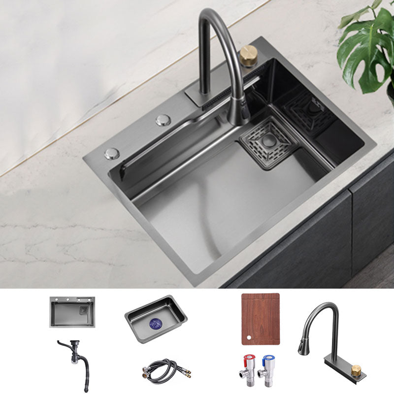 Modern Kitchen Sink Single Basin Kitchen Sink with Soundproofing 24"L x 18"W x 9"H Sink with Faucet Pull Out Faucet Clearhalo 'Home Improvement' 'home_improvement' 'home_improvement_kitchen_sinks' 'Kitchen Remodel & Kitchen Fixtures' 'Kitchen Sinks & Faucet Components' 'Kitchen Sinks' 'kitchen_sinks' 6928422