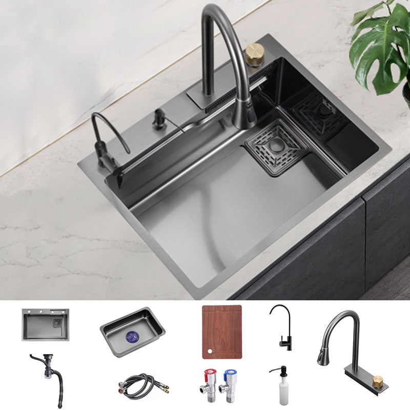 Modern Kitchen Sink Single Basin Kitchen Sink with Soundproofing 24"L x 18"W x 9"H Sink with Faucet Pull Out Water Filter Double Faucet & Soap Dispenser Clearhalo 'Home Improvement' 'home_improvement' 'home_improvement_kitchen_sinks' 'Kitchen Remodel & Kitchen Fixtures' 'Kitchen Sinks & Faucet Components' 'Kitchen Sinks' 'kitchen_sinks' 6928428