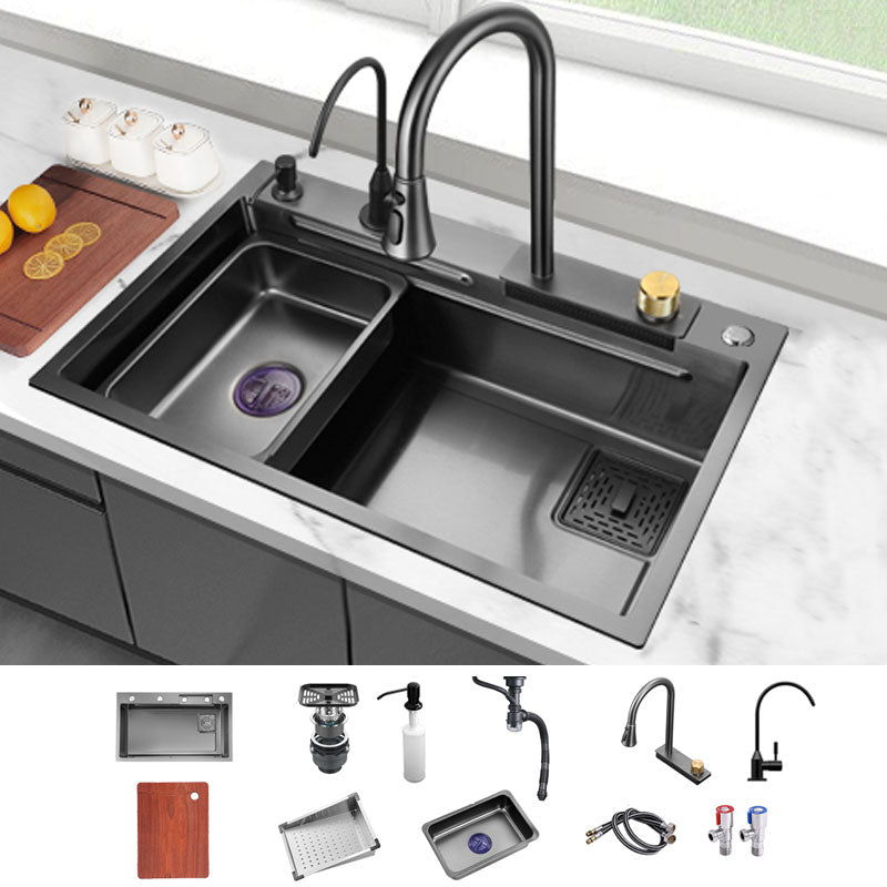 Modern Kitchen Sink Single Basin Kitchen Sink with Soundproofing Sink with Faucet Pull Out Water Filter Double Faucet & Soap Dispenser Clearhalo 'Home Improvement' 'home_improvement' 'home_improvement_kitchen_sinks' 'Kitchen Remodel & Kitchen Fixtures' 'Kitchen Sinks & Faucet Components' 'Kitchen Sinks' 'kitchen_sinks' 6928431