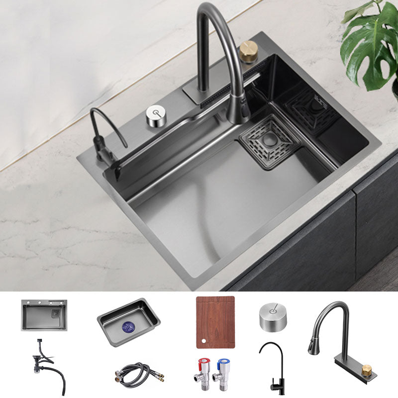 Modern Kitchen Sink Single Basin Kitchen Sink with Soundproofing 24"L x 18"W x 9"H Sink with Faucet Pull Out Water Filter Double Faucet & Deck Control Drain Clearhalo 'Home Improvement' 'home_improvement' 'home_improvement_kitchen_sinks' 'Kitchen Remodel & Kitchen Fixtures' 'Kitchen Sinks & Faucet Components' 'Kitchen Sinks' 'kitchen_sinks' 6928433