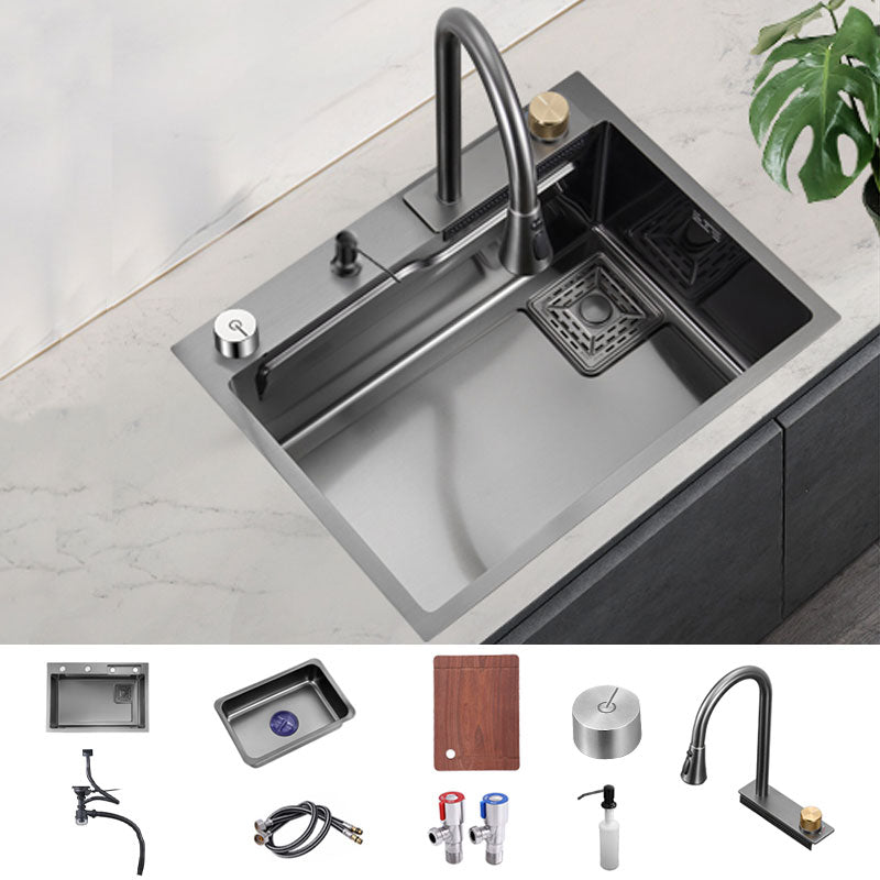 Modern Kitchen Sink Single Basin Kitchen Sink with Soundproofing 24"L x 18"W x 9"H Sink with Faucet Pull Out Faucet & Soap Dispenser & Deck Control Drain Clearhalo 'Home Improvement' 'home_improvement' 'home_improvement_kitchen_sinks' 'Kitchen Remodel & Kitchen Fixtures' 'Kitchen Sinks & Faucet Components' 'Kitchen Sinks' 'kitchen_sinks' 6928435