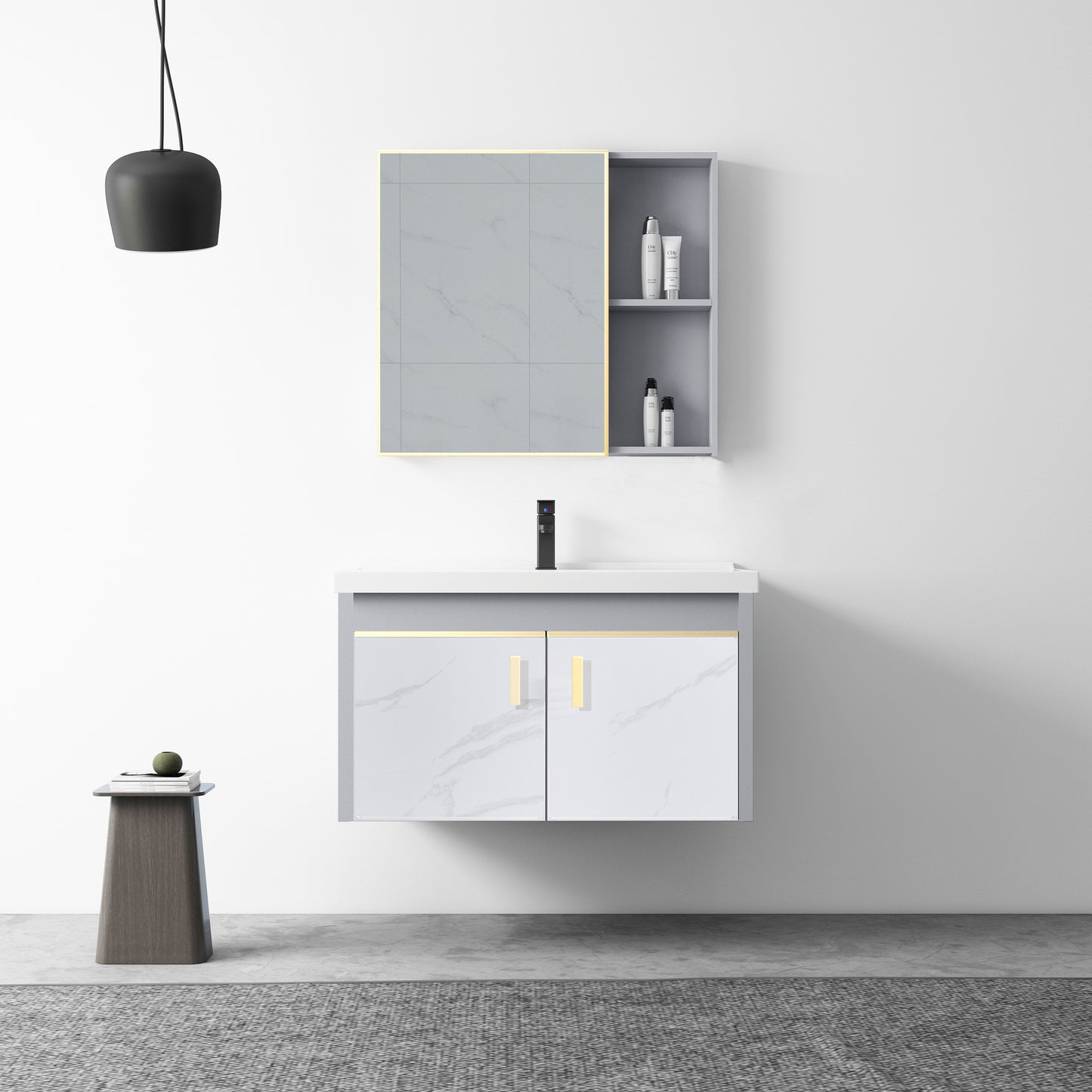 Metal Frame Bathroom Vanity White Single Sink Wall-Mounted 2 Doors Vanity with Mirror Clearhalo 'Bathroom Remodel & Bathroom Fixtures' 'Bathroom Vanities' 'bathroom_vanities' 'Home Improvement' 'home_improvement' 'home_improvement_bathroom_vanities' 6928449