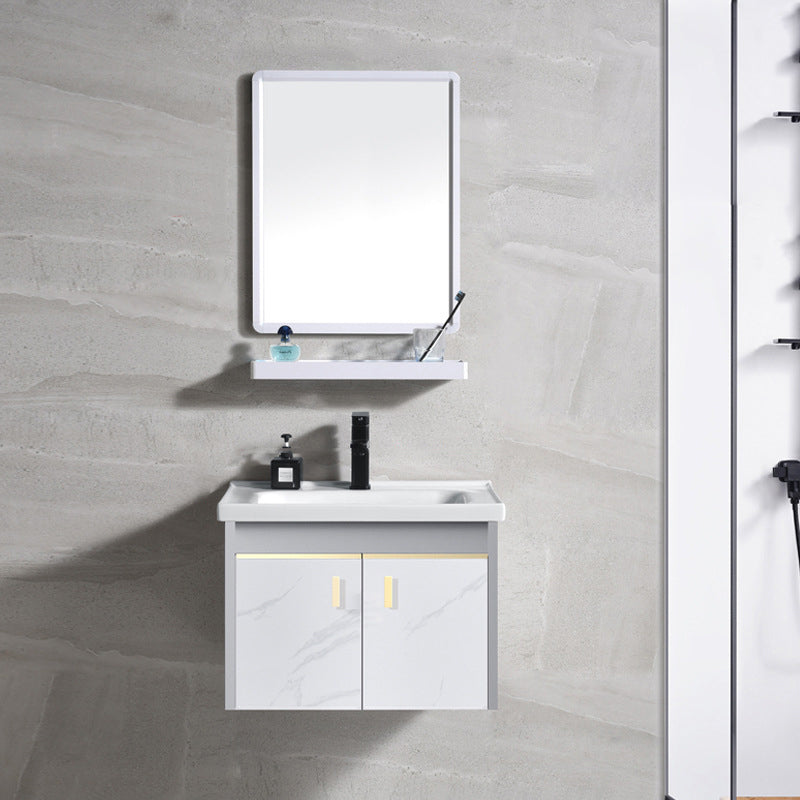 Metal Frame Bathroom Vanity White Single Sink Wall-Mounted 2 Doors Vanity with Mirror Vanity & Faucet & Mirrors Light Grey Clearhalo 'Bathroom Remodel & Bathroom Fixtures' 'Bathroom Vanities' 'bathroom_vanities' 'Home Improvement' 'home_improvement' 'home_improvement_bathroom_vanities' 6928450