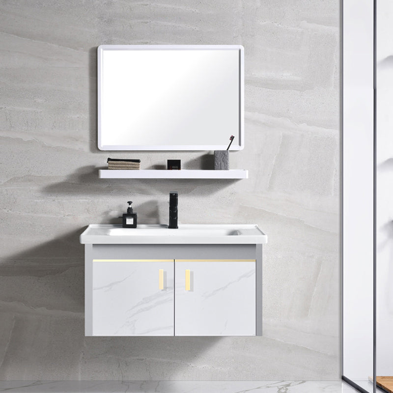 Metal Frame Bathroom Vanity White Single Sink Wall-Mounted 2 Doors Vanity with Mirror Vanity & Faucet & Mirrors Light Grey Clearhalo 'Bathroom Remodel & Bathroom Fixtures' 'Bathroom Vanities' 'bathroom_vanities' 'Home Improvement' 'home_improvement' 'home_improvement_bathroom_vanities' 6928451