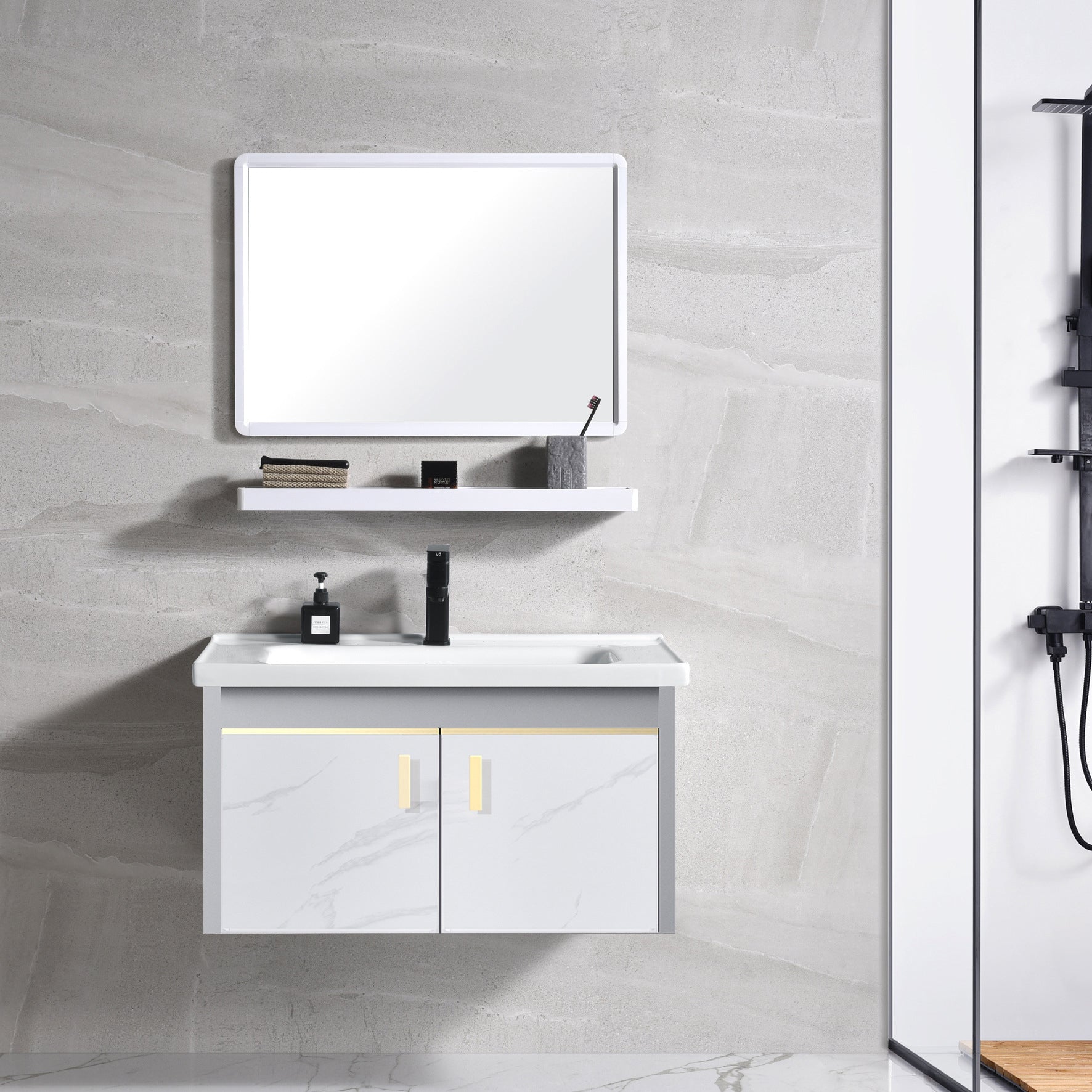 Metal Frame Bathroom Vanity White Single Sink Wall-Mounted 2 Doors Vanity with Mirror Clearhalo 'Bathroom Remodel & Bathroom Fixtures' 'Bathroom Vanities' 'bathroom_vanities' 'Home Improvement' 'home_improvement' 'home_improvement_bathroom_vanities' 6928452