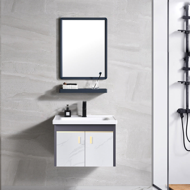 Metal Frame Bathroom Vanity White Single Sink Wall-Mounted 2 Doors Vanity with Mirror Vanity & Faucet & Mirrors Gray Clearhalo 'Bathroom Remodel & Bathroom Fixtures' 'Bathroom Vanities' 'bathroom_vanities' 'Home Improvement' 'home_improvement' 'home_improvement_bathroom_vanities' 6928453