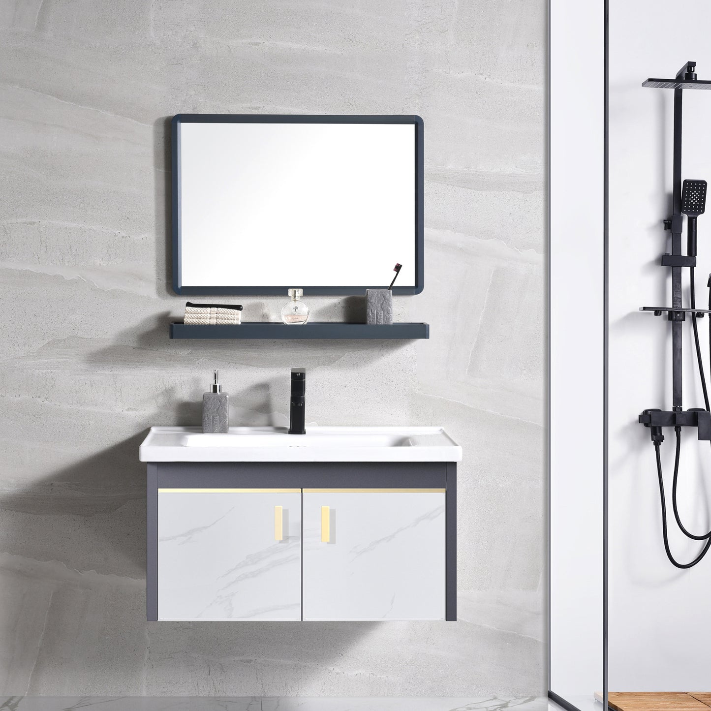 Metal Frame Bathroom Vanity White Single Sink Wall-Mounted 2 Doors Vanity with Mirror Clearhalo 'Bathroom Remodel & Bathroom Fixtures' 'Bathroom Vanities' 'bathroom_vanities' 'Home Improvement' 'home_improvement' 'home_improvement_bathroom_vanities' 6928454