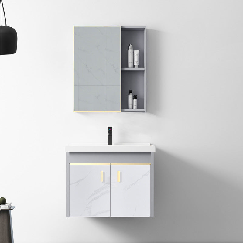 Metal Frame Bathroom Vanity White Single Sink Wall-Mounted 2 Doors Vanity with Mirror Vanity & Faucet & Mirror Cabinet Light Grey Clearhalo 'Bathroom Remodel & Bathroom Fixtures' 'Bathroom Vanities' 'bathroom_vanities' 'Home Improvement' 'home_improvement' 'home_improvement_bathroom_vanities' 6928458