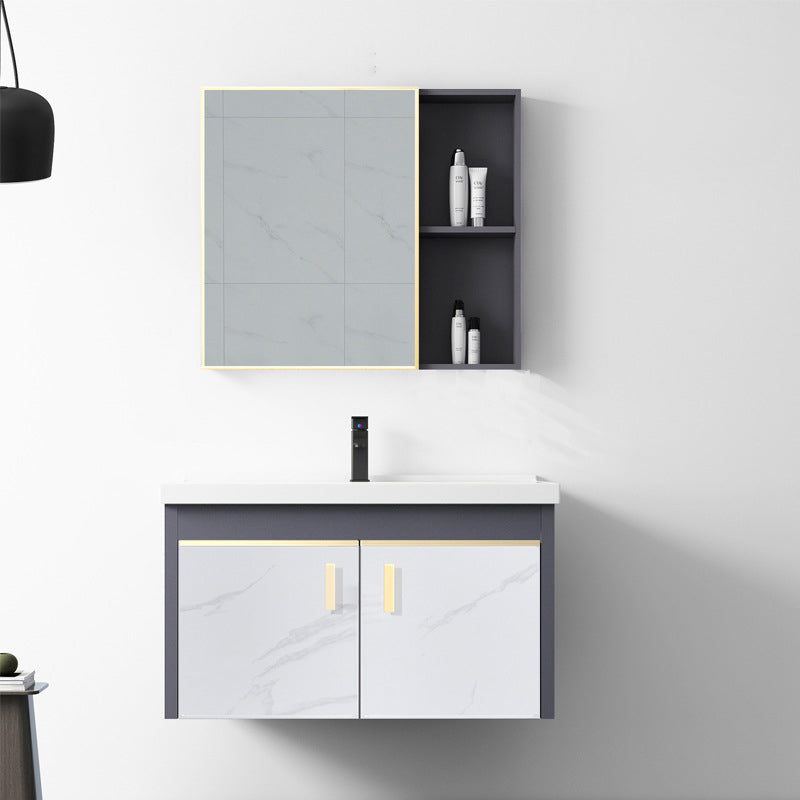 Metal Frame Bathroom Vanity White Single Sink Wall-Mounted 2 Doors Vanity with Mirror Vanity & Faucet & Mirror Cabinet Gray Clearhalo 'Bathroom Remodel & Bathroom Fixtures' 'Bathroom Vanities' 'bathroom_vanities' 'Home Improvement' 'home_improvement' 'home_improvement_bathroom_vanities' 6928463