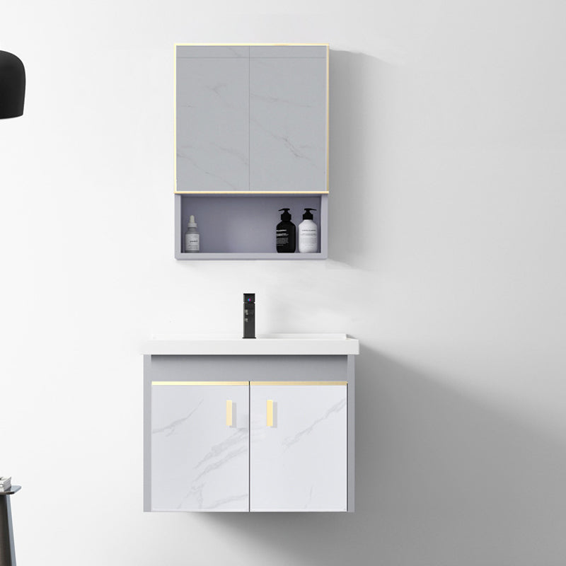 Metal Frame Bathroom Vanity White Single Sink Wall-Mounted 2 Doors Vanity with Mirror Vanity & Faucet & Mirror Cabinet 20"L x 15"W x 15"H Light Grey Clearhalo 'Bathroom Remodel & Bathroom Fixtures' 'Bathroom Vanities' 'bathroom_vanities' 'Home Improvement' 'home_improvement' 'home_improvement_bathroom_vanities' 6928465