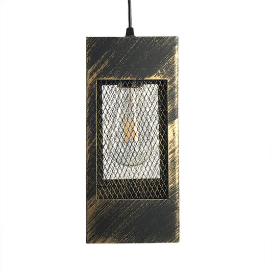 Metal Rectangle Pendant Light Fixture Rustic Style 1 Light Bedroom Hanging Lamp with Mesh Shade in Aged Brass/Weathered Copper Clearhalo 'Art Deco Pendants' 'Cast Iron' 'Ceiling Lights' 'Ceramic' 'Crystal' 'Industrial Pendants' 'Industrial' 'Metal' 'Middle Century Pendants' 'Pendant Lights' 'Pendants' 'Tiffany' Lighting' 69309