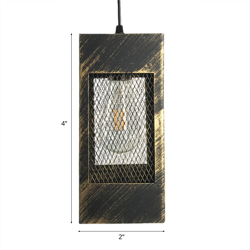 Metal Rectangle Pendant Light Fixture Rustic Style 1 Light Bedroom Hanging Lamp with Mesh Shade in Aged Brass/Weathered Copper Clearhalo 'Art Deco Pendants' 'Cast Iron' 'Ceiling Lights' 'Ceramic' 'Crystal' 'Industrial Pendants' 'Industrial' 'Metal' 'Middle Century Pendants' 'Pendant Lights' 'Pendants' 'Tiffany' Lighting' 69310