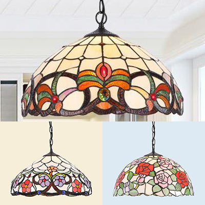 Multi Color Flower Hanging Light 1 Light Stained Glass Rustic Tiffany Pendant Lighting in Black Finish Clearhalo 'Ceiling Lights' 'Industrial' 'Middle Century Pendants' 'Pendant Lights' 'Pendants' 'Tiffany close to ceiling' 'Tiffany Pendants' 'Tiffany' Lighting' 69388