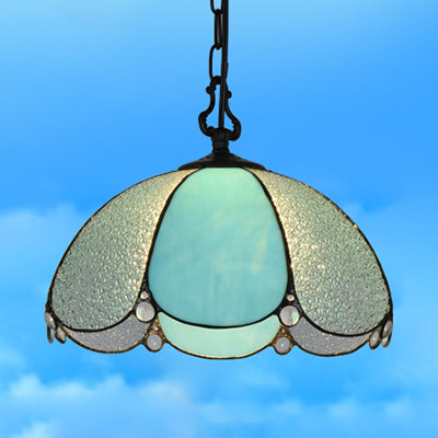 Tiffany Flower Hanging Lamp 1 Bulb Blue/Clear Hand Cut Glass Ceiling Pendant Light for Dining Room Clearhalo 'Ceiling Lights' 'Industrial' 'Middle Century Pendants' 'Pendant Lights' 'Pendants' 'Tiffany close to ceiling' 'Tiffany Pendants' 'Tiffany' Lighting' 69404