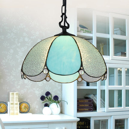 Tiffany Flower Hanging Lamp 1 Bulb Blue/Clear Hand Cut Glass Ceiling Pendant Light for Dining Room Clear Clearhalo 'Ceiling Lights' 'Industrial' 'Middle Century Pendants' 'Pendant Lights' 'Pendants' 'Tiffany close to ceiling' 'Tiffany Pendants' 'Tiffany' Lighting' 69405