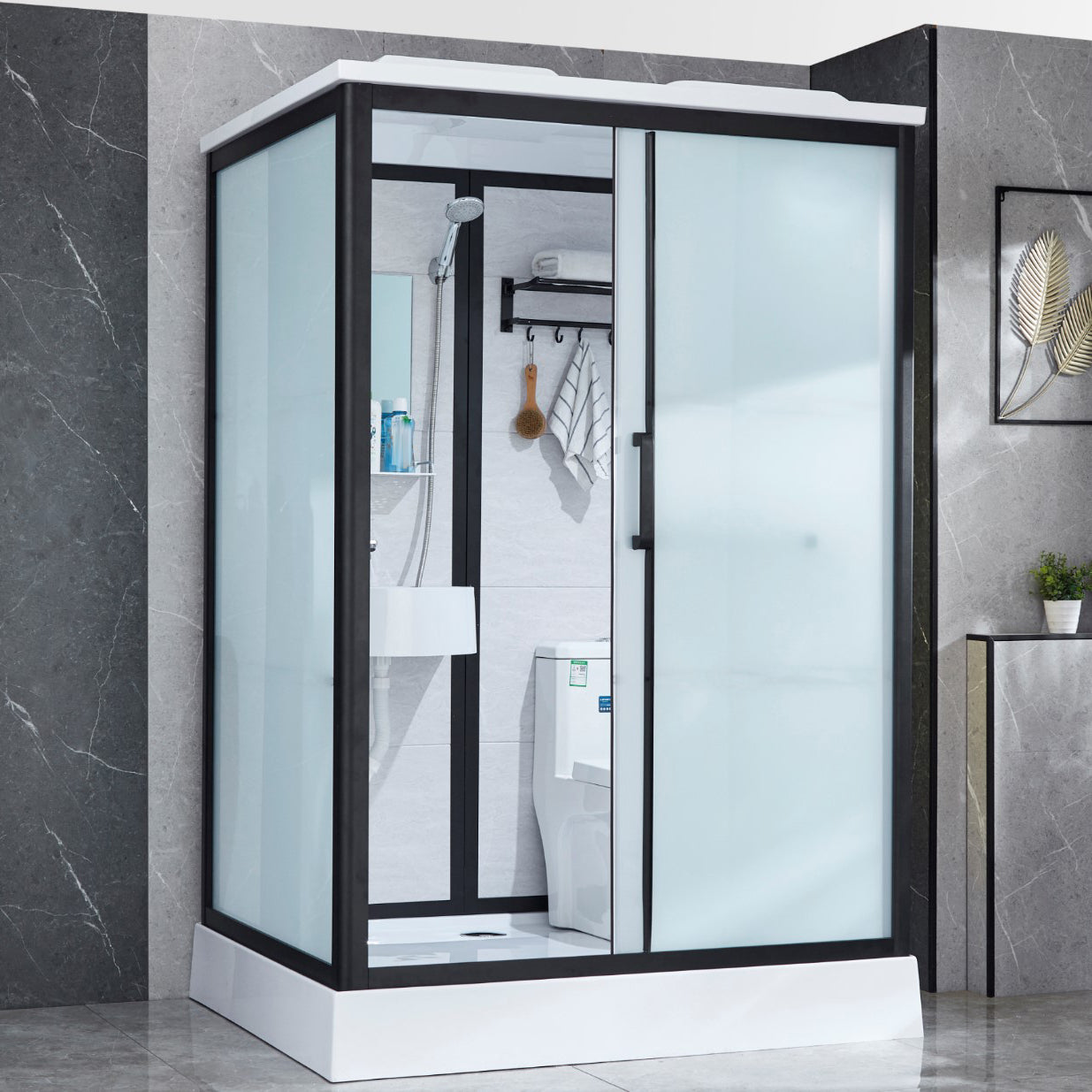 Framed Corner Shower Enclosure Single Sliding Shower Enclosure Toilet Included Clearhalo 'Bathroom Remodel & Bathroom Fixtures' 'Home Improvement' 'home_improvement' 'home_improvement_shower_stalls_enclosures' 'Shower Stalls & Enclosures' 'shower_stalls_enclosures' 'Showers & Bathtubs' 6941237